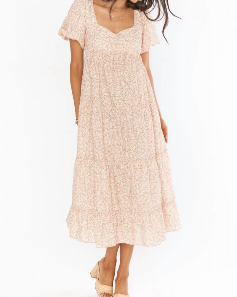 Front of a model wearing a size L Odette Midi Dress In Ditsy Daisy in Ditsy Daisy by Show Me Your Mumu. | dia_product_style_image_id:357642
